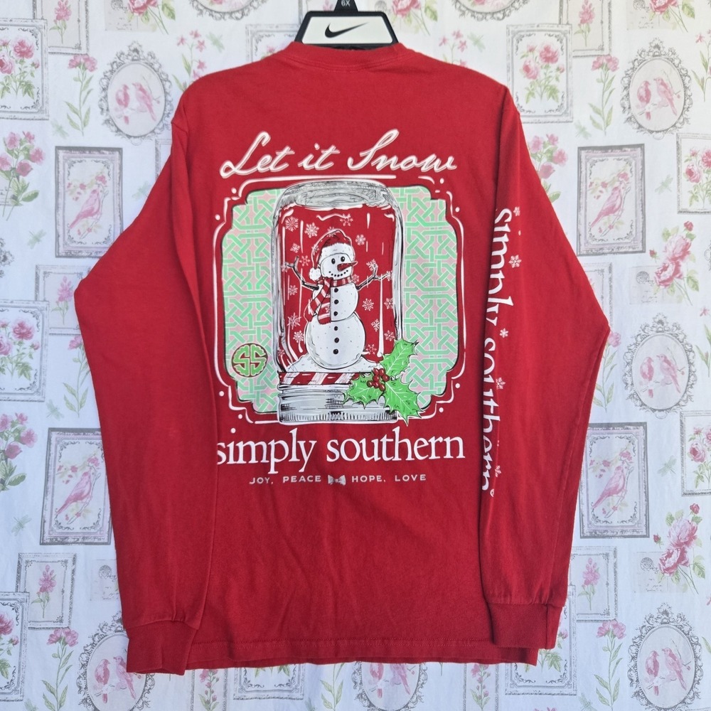 Simply Southern Let It Snow Snowman Mason Jar Christmas Red Long Sleeve Shirt S
